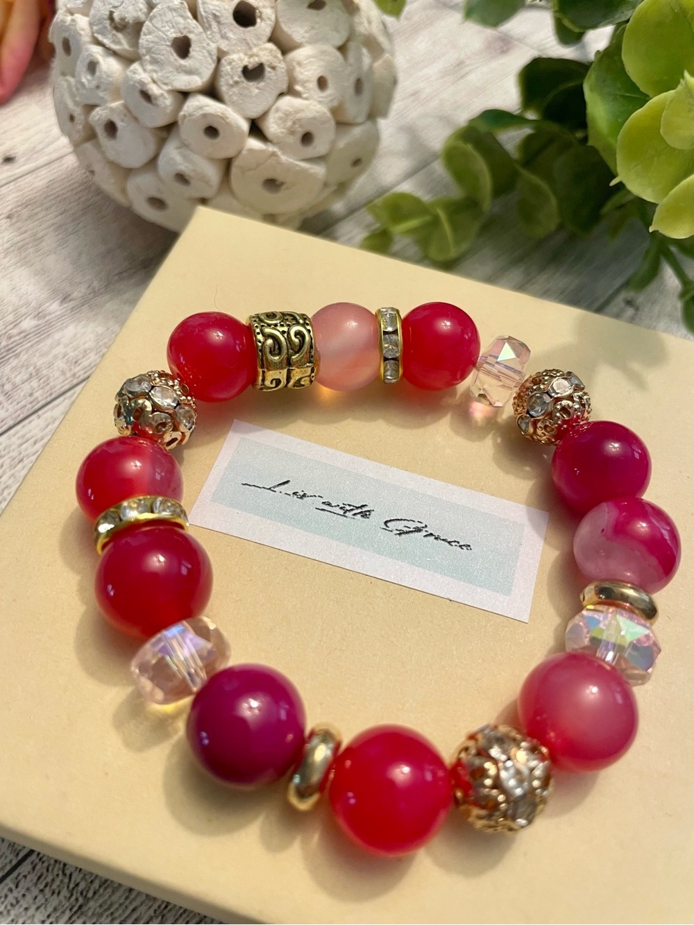 Fuchsia Pink 12mm Agate Gemstone Bracelet, Gold and CZ Accented
